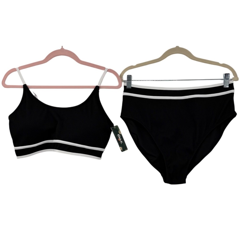 BMJL Bikini Set NEW Wmn XL Black Ribbed High Waist Contrast Trim Sporty 2 Piece